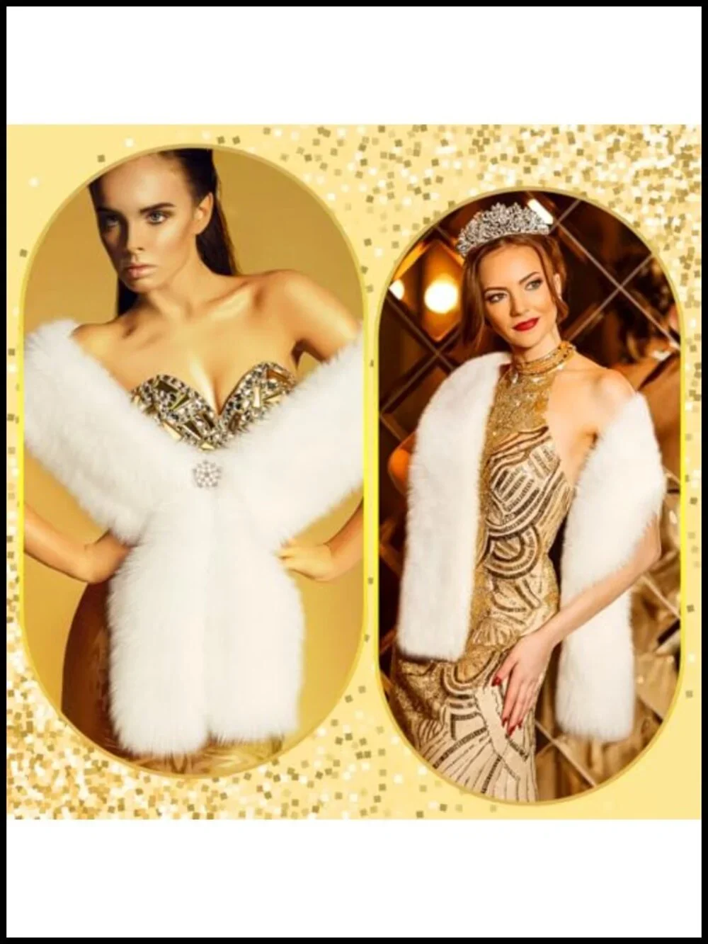 Faux Fur Collar Scarf Wrap Women Long Shawl w/ 2 Brooches Wedding
